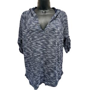 Signify Blue/White Marbled Print V Neck Hood Sweatshirt Size L 3/4 Tab‎ Sleeve